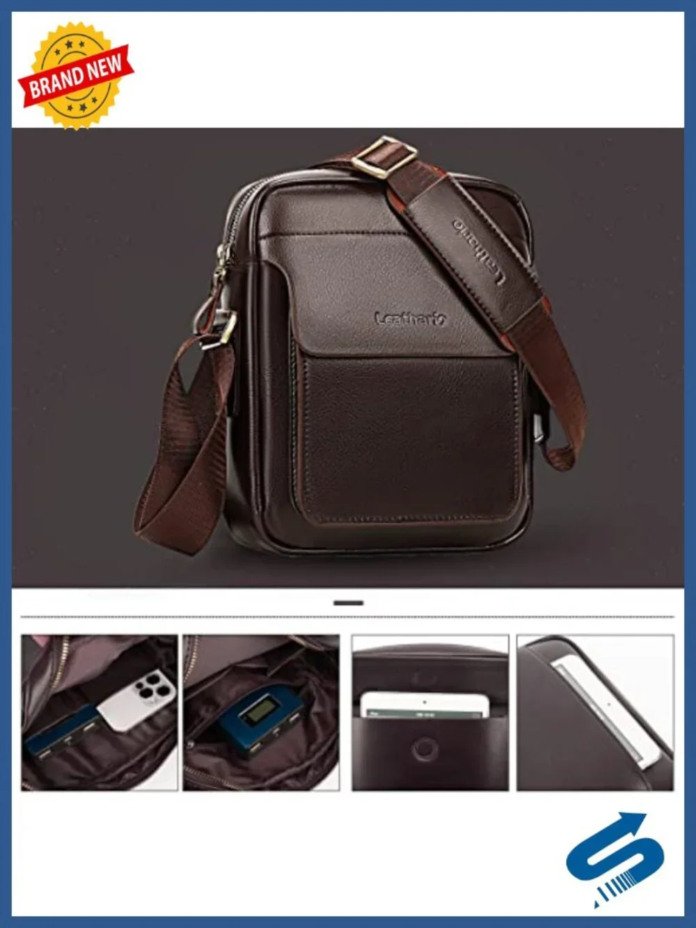 Vegan Leather Crossbody Bag Messenger Sling Satchel for Men Work Travel
